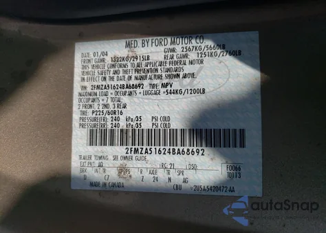 2004 Ford Freestar Se from USA, damaged, VIN 2FMZA51624BA68692